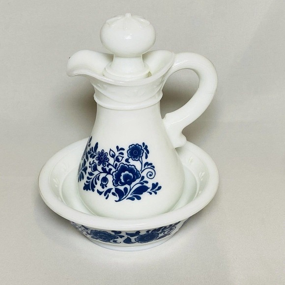 Vintage Avon Delft Blue Pitcher and Bowl EMPTY Milk Glass Floral Design - Picture 2 of 16